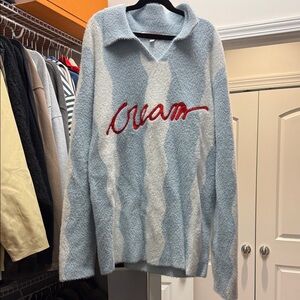 Cream V-Neck Men's Sweater - Light Blue and White